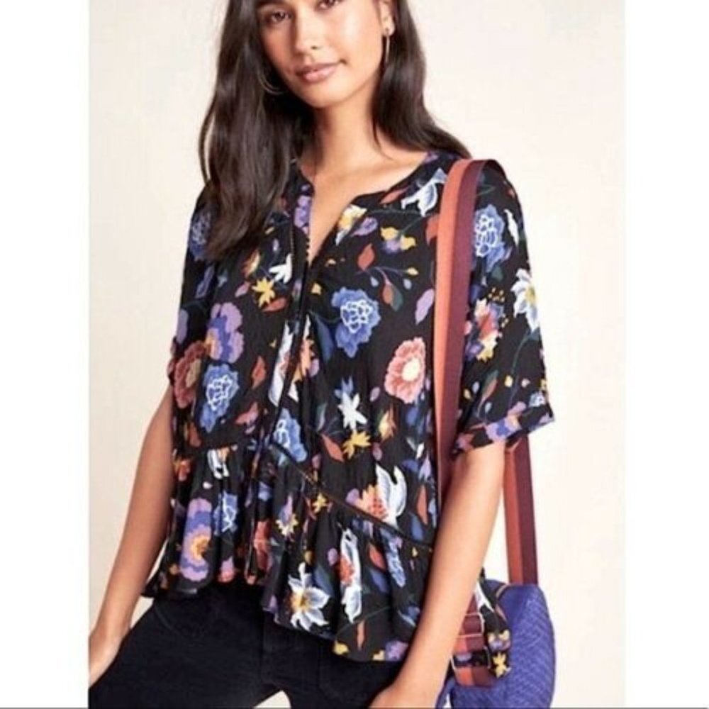Anthropologie Josie Slouchy oversized Dolman-Sleeved Floral blouse womens XS